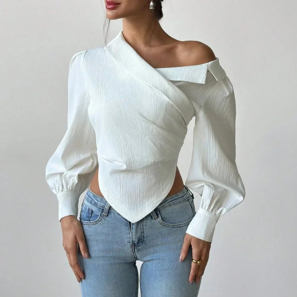 White Elegant Women's Asymmetrical Hem Long Sleeve top blouse - Picture 4 of 8